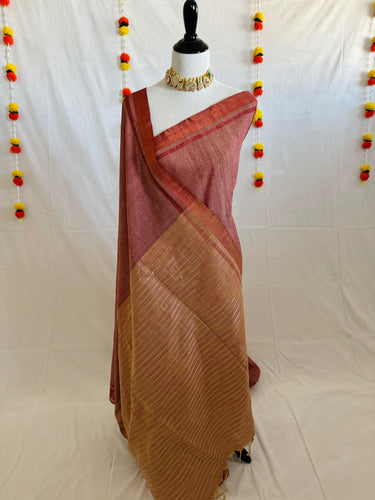 ShopNaya Exclusive | Handwoven | Cotton Saree | No Blouse | Beige & Maroon Mix | Basket Weave |Copper Zari | Ships from California